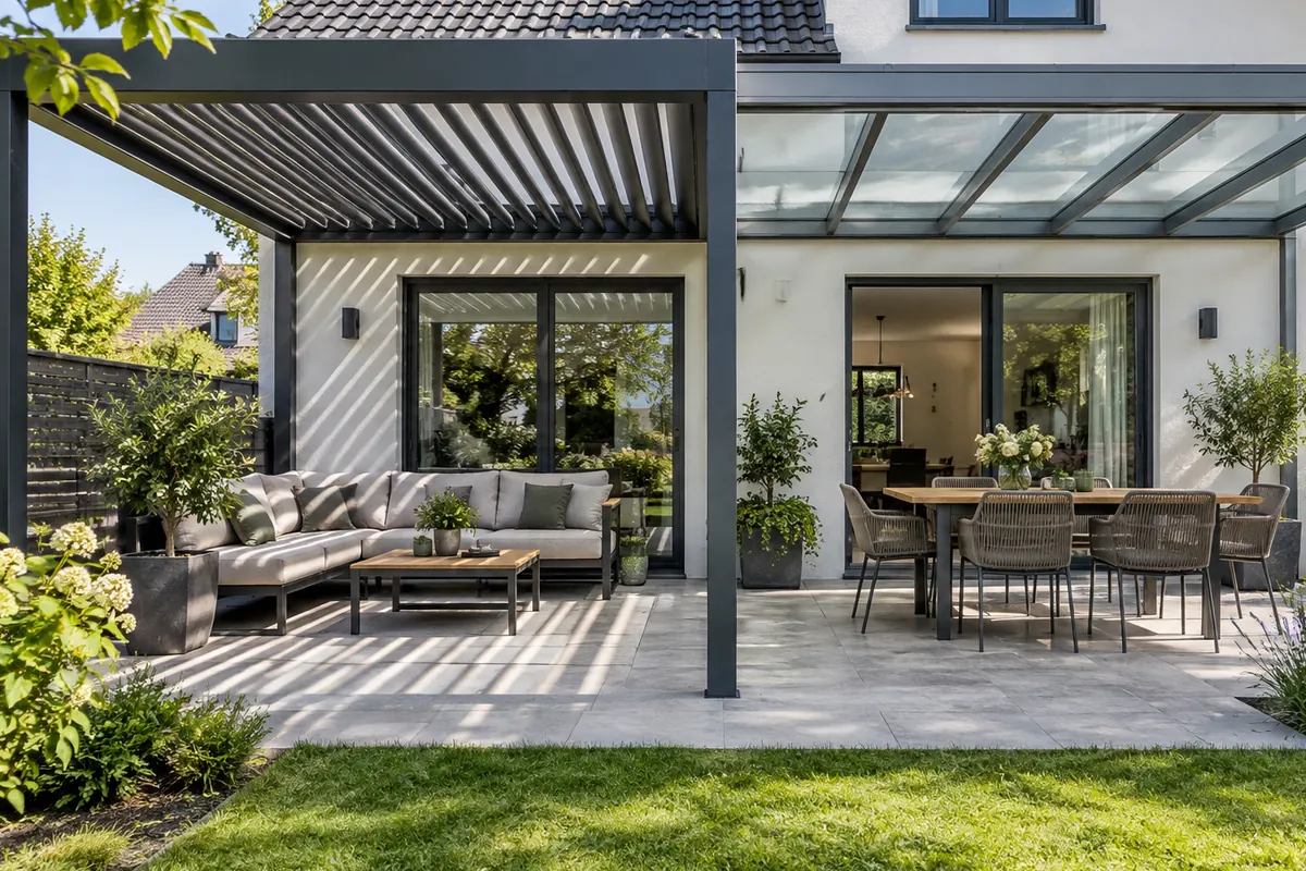 Terrassenüberdachung an einem Einfamilienhaus