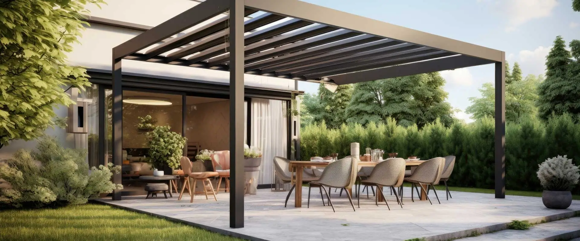 Terrassenüberdachung über einer Gartenterrasse