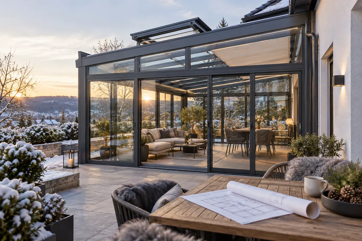 Überdachter Terrassenbereich neben der Grundstücksgrenze