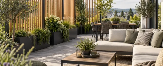 Luftiger Sichtschutz aus Holzlamellen und Pflanzen an einer Terrasse