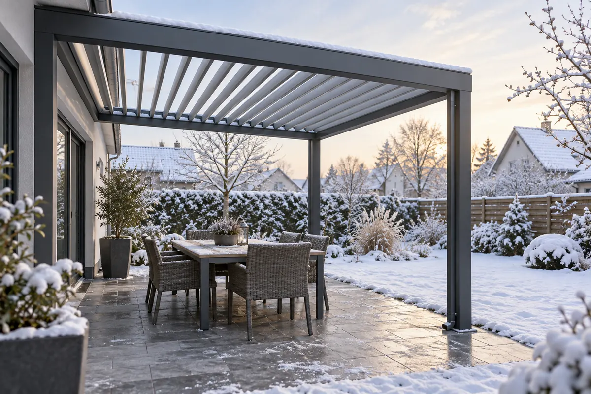 Lamellendach mit geöffneten Lamellen in einer verschneiten Gartenlandschaft