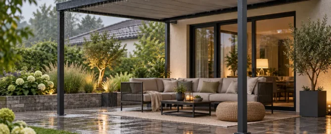 Wetterfeste Pergola-Markise bei leichtem Sommerregen
